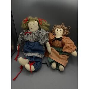 Vintage Handmade Cloth Rag Doll Pair Folk Art Country Primitive Decor 16”